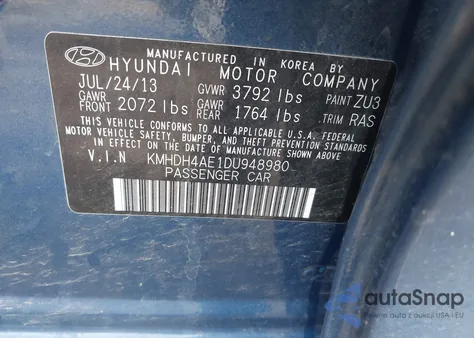2013 Hyundai Elantra Gls from USA, damaged, VIN KMHDH4AE1DU948980